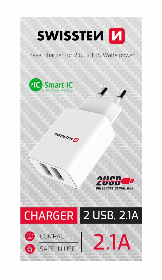 Cargador Doble USB 2.1A con Smart IC + Cable USB-C, Swissten