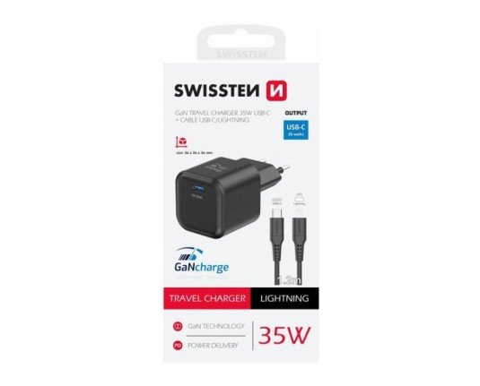 Kablovi, adapteri i punjači - SWISSTEN TRAVEL CHARGER 1XUSB-C 35W PD BLACK +DATA CABLE USB-C/LIGHTNING 1.2m - Avalon ltd